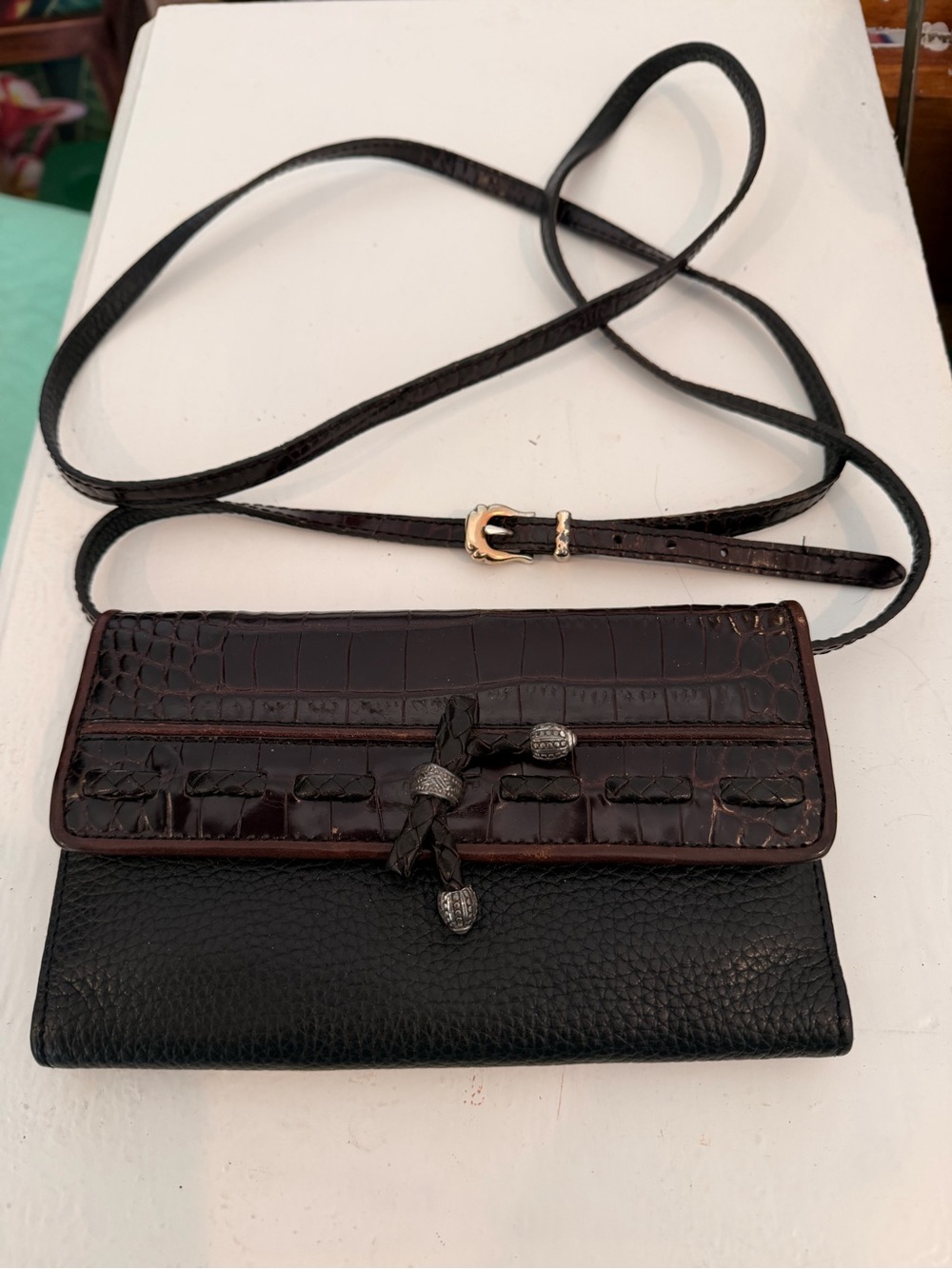 Vintage Brighton Black Croc-Embossed and Pebbled Leather Crossbody